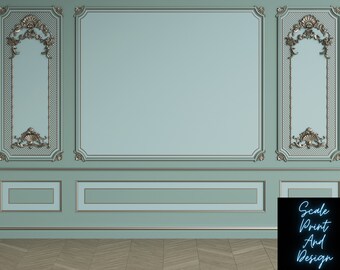Classic-Interior-Wall-With-Mouldings - Dollhouse Miniature Wallpaper - All Scales Available -Paper, Self Adhesive or Fabric-Miniature Paper