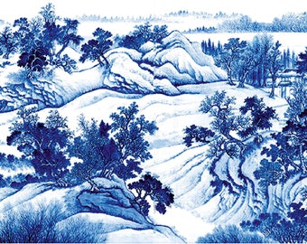 May include: Blue and white landscape painting with a traditional Chinese style. The painting depicts mountains, trees, and a river. The painting is framed and ready to hang.