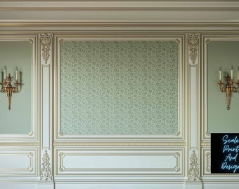Beige klassisk väggpanel dockhus miniatyrtapet - Alla skalor tillgängliga - Papper, självhäftande eller tyg - miniatyrtapet