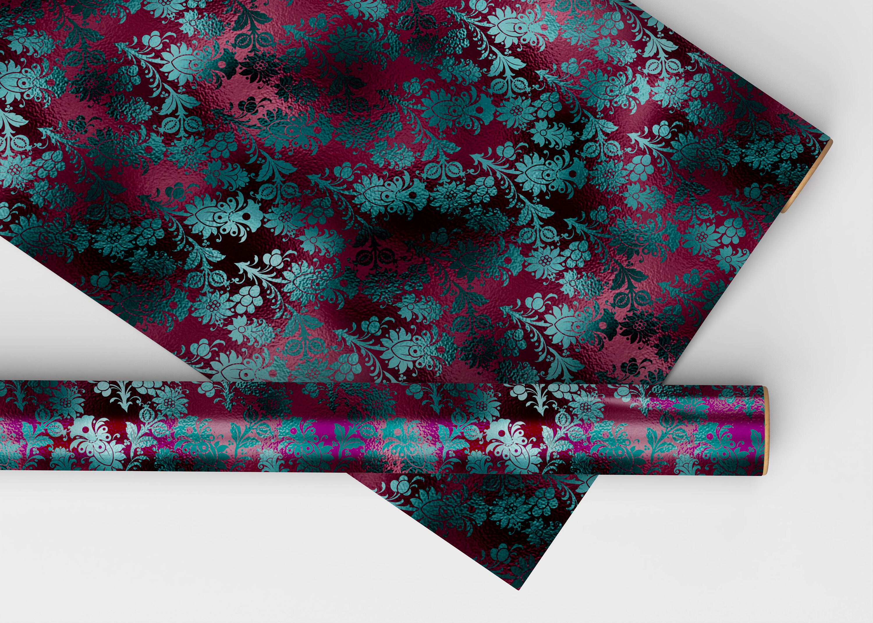 Dramatic Burgunndy And Teal Florals Dollhouse Miniature Wallpaper - All Scales Available - Papers, Self Adhesive And Fabrics -Dollhouse