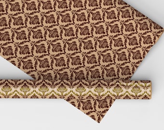 May include: Two rolls of decorative paper with a repeating floral pattern. The top roll is unfolded, revealing a tan background with dark brown floral designs. The bottom roll displays a similar pattern with green and brown accents.