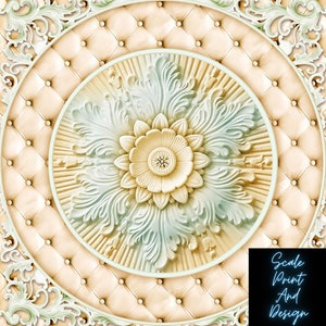 May include: An ornate, circular design featuring a central floral motif with intricate leaf patterns in cream and pale green. The design is set against a quilted, beige background with a decorative border. The text "Scale Print And Design" is in the lower right corner.