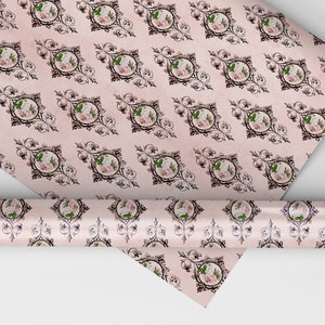 Miniatyrtapet med rosa rosor i dockskåp - Alla skalor tillgängliga - Papper, självhäftande och tyger bild 2