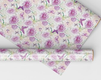 Purple Butterfly Bouquet French Style Dollhouse Miniature Wallpaper - All Scales Available - Self Adhesive And Fabrics - Miniature