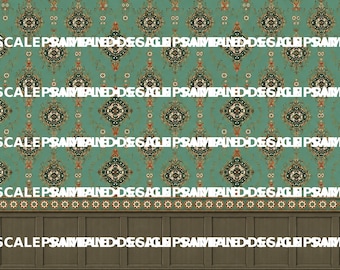 Scylla Green Wallpa Dollhouse Miniature Wallpaper - All Scales Available - Papers, Self Adhesive And Fabrics - Dollhouse Wallpaper