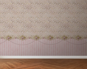 May include: A decorative wallpaper design featuring a combination of patterns. The upper section has a gold floral pattern on a light pink background. The lower section has pink and white vertical stripes, with a decorative border.