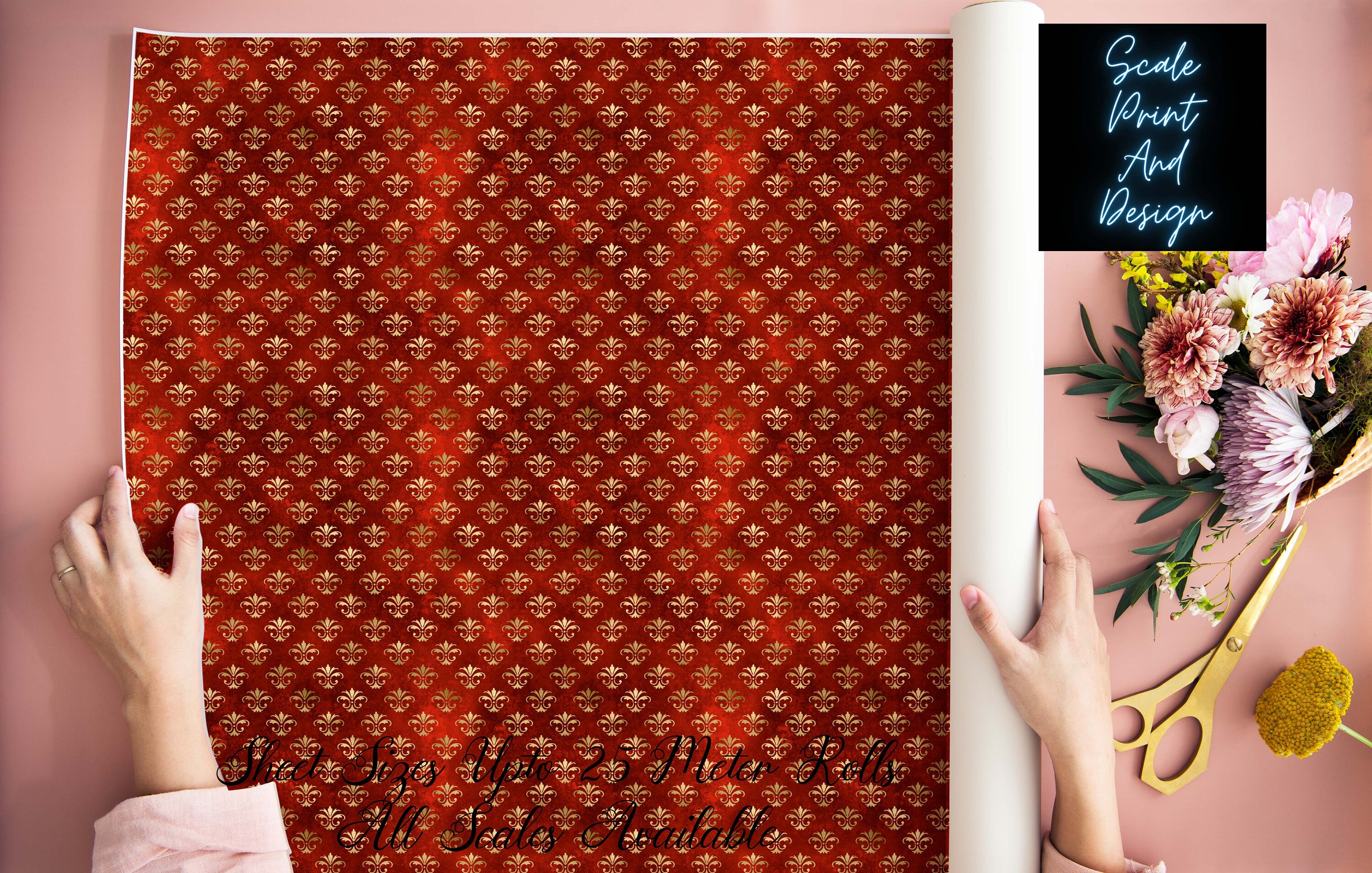 Maisha Red Dollhouse Miniature Wallpaper - All Scales Available - Papers, Self Adhesive And Fabrics