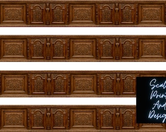 Ornate Wooden Lower Borders Wainscot Sheet Dollhouse Miniature Wallpaper - All Scales Available - Papers, Self Adhesive - Dollhouse Wallpape