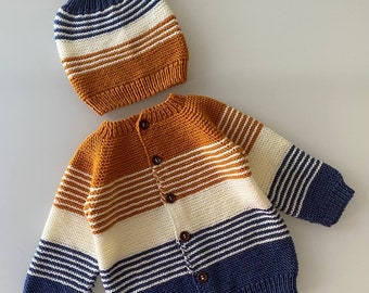 Hand Knit Baby Boy Sweater, 18-24 MONTHS Baby Boy Sweater and Hat, Handmade Wool Yarn Baby Boy Sweater