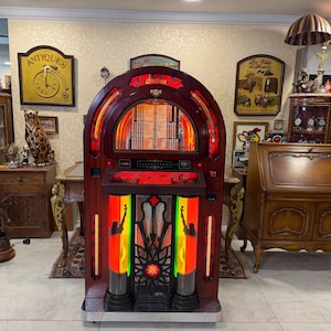 Sound Leisure Americana Jukebox, Retro Art Deco Music Machine, Walnut Red Illuminated Floor Model Home Bar Statement Piece Arcade Decor Gift