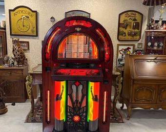 Jukebox Sound Leisure Americana, máquina de música retro Art Deco, modelo de pie iluminado en nogal rojo, pieza decorativa para bar en casa, ideal para salas de juegos o como regalo.
