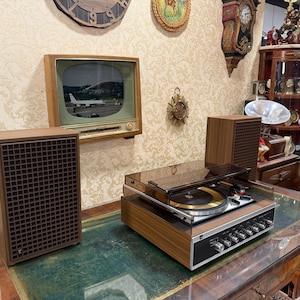 May include: A vintage stereo system with a turntable, speakers, and an old television set. The turntable has a clear cover and a gold-colored record player. The speakers and the turntable are brown. The television is in a wooden frame.