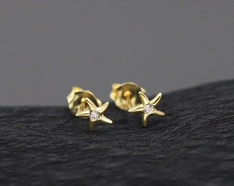 Stud Starfish Earrings 14K Solid Gold Gift For Her Real Gold Aesthetic Star Earrings Gold Wedding Gift For Bride