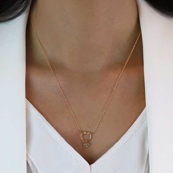 Eye Shape 14K Solid Gold Chain Necklace Yellow Gold Eye Etsy