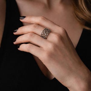 Bague large en argent 925 réglable – bague ouverte statement femme, design filet/maillage, bague argent ajustable, cadeau parfait