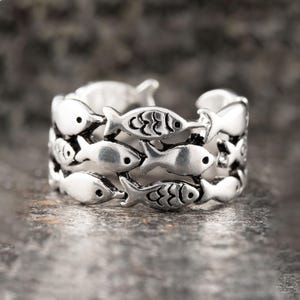 925 sterling silver adjustable fish ring, handmade wide band with playful school of fish design, ocean inspired jewelry for women