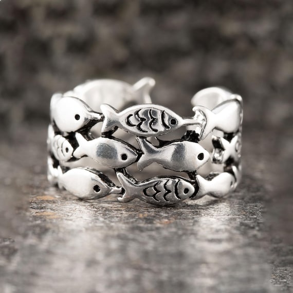 Verstellbarer Silberring mit Fisch-Motiv aus 925er Silber maritimer Unisex Ring im Boho Stil Statement Ring, Geschenkidee für Fischliebhaber