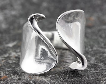 Bold Adjustable Silver Statement Ring for Women, Handmade 925 Sterling Silver Sculptural Ring, Modern Wide Band Jewelry Gift