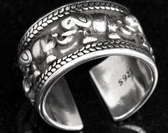 Zilveren Ring Zilver 925 Ring Verstelbare Open R0634 Breed, Zilveren Ring, Band Ring, Flexibele Duim Ring, Olifant Lucky Charm