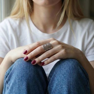 Wide sterling silver statement ring with intricate filigree pattern, adjustable band, handmade jewelry gift for women image 5