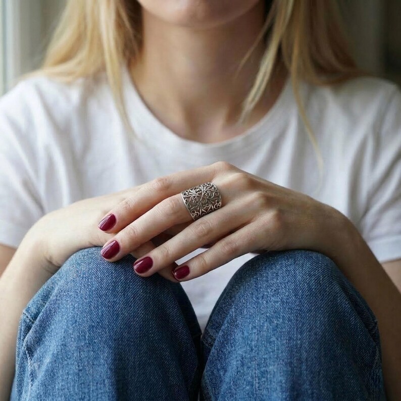 Wide sterling silver statement ring with intricate filigree pattern, adjustable band, handmade jewelry gift for women image 5