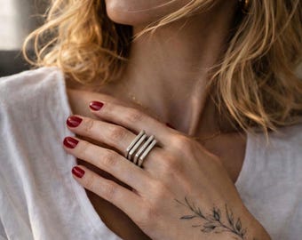 925 sterling silver adjustable ring, modern geometric design, handmade wide band minimalist statement jewelry, unique gift for women