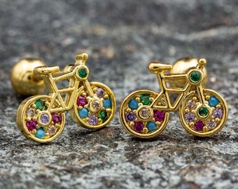 1 pair of silver earrings studs 925 silver studs gold plated bicycle bike