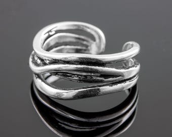 Adjustable wide silver ring for women, handmade 925 sterling silver band with artistic wave design, nickel free artisan jewelry