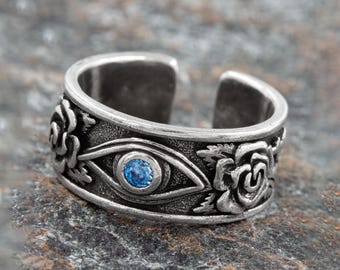 Vintage style silver ring 925 sterling with rose flower and blue stone, adjustable handmade boho jewelry, unique gift for women