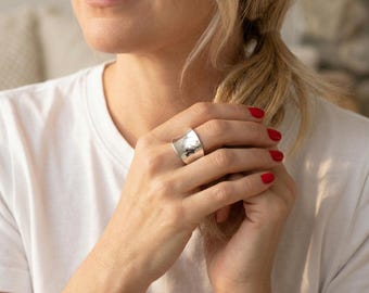 Unisex Sterling Silver Adjustable Ring Handcrafted 925 Silver Wide Smooth Band, Modern Statement, Thumb Ring or Everyday Minimalist Jewelry