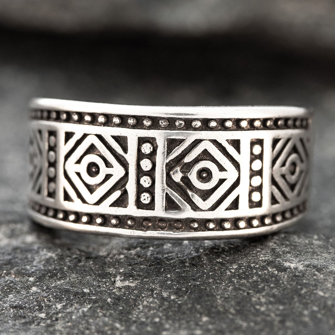 Silver Ring Patterned Handmade Sterling Silver Adjustable Ring, Geometric Pattern Band Ring ...
