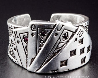 Sterling Silver Poker Cards Ring  Handmade Statement Ring with Playing Cards Motif Adjustable Artistic Silver Ring for Bold Style