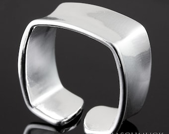 Wide Adjustable Sterling Silver Ring for Women, Modern Square Open Band 925 Silver Statement Jewelry, Handmade Minimalist Ring