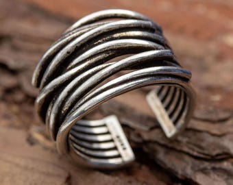 Silberring 925 Verstellbarer Damenring offen Ring für Daumen oder Finger strukturierter Bandring handgefertigt aus Sterlingsilber moderner