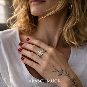 Verstellbarer Ring Bandring offen Silberring mit goldenen Sternen, Statement Ring mit Himmelsmotiv, breiter offener Ring Daumenring Sterne