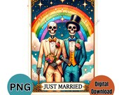 Two Males-Just Married funny Tarot Card PNG, Sublimation print, DTF transfer images, Skeleton image- cards, invitations, wedding day clipart