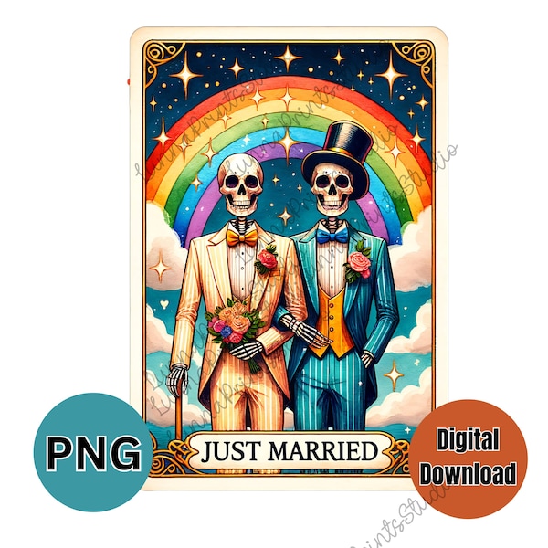 Two Males-Just Married funny Tarot Card PNG, Sublimation print, DTF transfer images, Skeleton image- cards, invitations, wedding day clipart