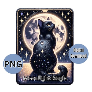 May include: A black cat with a starry pattern sits in front of a glowing moon with stars in the background. The text "Moonlight Magic" is at the bottom of the image.