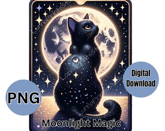 May include: A black cat with a starry pattern sits in front of a glowing moon with stars in the background. The text "Moonlight Magic" is at the bottom of the image.