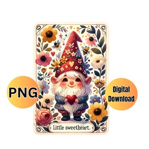 Niedliches Gnom Blumensublimationsdesign, Tarotkarte PNG, Sublimationsdruck, DTF-Gnom-Transferbilder, druckbare Kinderzimmer-Clipart-Zwerg-Designs