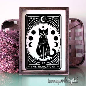 May include: Black and white illustration of a black cat sitting with a crescent moon and stars behind it. The text "Moon: Magic" and "The Black Cat" are on the image.