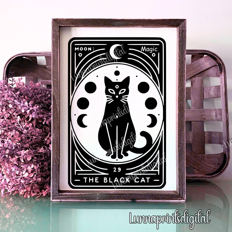 May include: Black and white illustration of a black cat sitting with a crescent moon and stars behind it. The text "Moon: Magic" and "The Black Cat" are on the image.