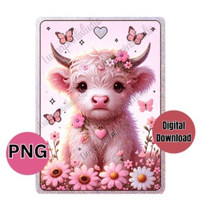 Carte de tarot rose bébé vache Highland PNG, impression animale par sublimation, clipart transfert Dtf, art mural imprimable chambre de bébé-filles, gobelet png