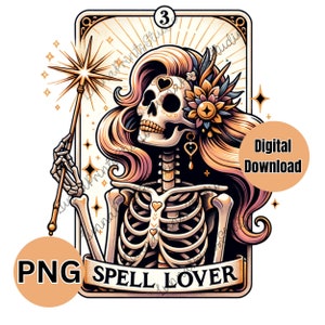 Puede incluir: Una ilustración de carta de tarot con una mujer esqueleto con cabello rosa y una corona de flores. Ella sostiene una varita con una estrella en la parte superior. La carta está etiquetada como "Spell Lover" y tiene el número "3" en la esquina superior derecha.