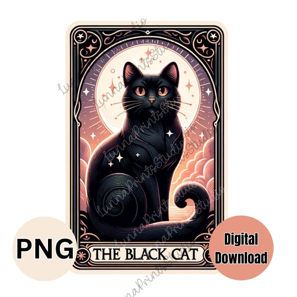 Black Cat Tarot Card Inspired PNG Clipart, Cat Lovers Sublimation print, transfer image, digital download, Cat mum-mom, Witches familiar