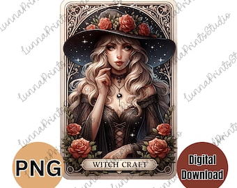 Karta tarota WITCH CRAFT inspirowana projektem PNG, karta tarota czarownic, wydruk sublimacyjny, obraz transferowy, pobieranie cyfrowe, clipart czarownic
