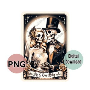 Zwangere bruid & bruidegom vintage skelet tarot kaart PNG, sublimatie print, skelet afbeelding-kaarten, uitnodigingen, trouwdag clipart huwelijk
