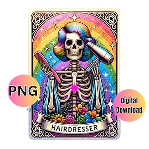 Friseur Clipart Skelett Tarot Karte PNG, Tasse Sublimationsdruck, lustiges Totenkopf T-Shirt Design, Regenbogen Clipart, Friseur Tumbler Bilder