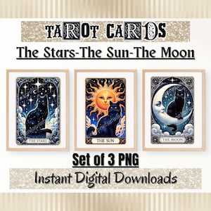 Set TAROTKAART clipart, de maan-de sterren-de zon, zwarte kat tarotkaart png, astrologie clipart, hemelse heks sublimatie ontwerpen