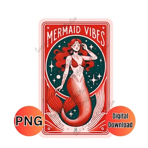 Carte de tarot vintage sirène Vibes PNG, impression par sublimation, images de transfert DTF, clipart rétro pour la conception de t-shirt, impressions de tasse, affiche imprimable